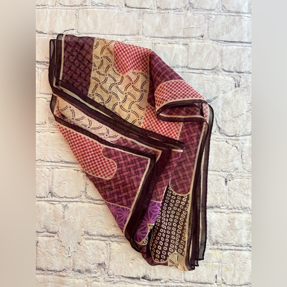 VINTAGE AK ANNE KLEIN BURGUNDY/PINK/TAN ABSTRACT PRINT SILK OBLONG SCARF